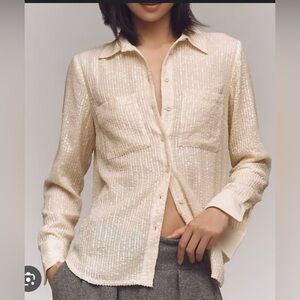 Anthropologie Cream Sequin The Remie Button Up Blouse